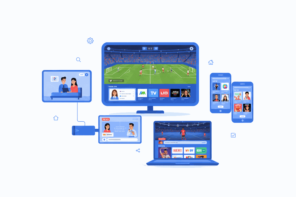 IPTV Smarters Pro multi-device IPTV subscription running on Smart TV, laptop, tablet, and phone