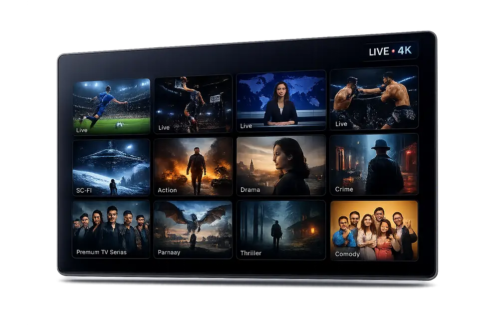 Watch live TV, sports, and movies in 4K with IPTV Smarters Pro IPTV Smarters Pro IPTV interface showing live sports, news, and 4K movie channels on a Smart TV